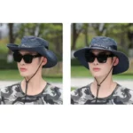 Chapeau solaire imperméable anti-UV à bord large, idéal pour la protection solaire et pluie, style outdoor avec t-shirt camouflage.