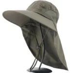 Chapeau de pluie bob imperméable avec visière large, protège-nuque, anti-UV, aération latérale, idéal contre intempéries.