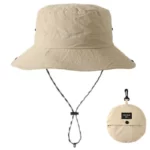 Chapeau bob femme beige, imperméable et pliable, bord 6 mm, taille E 27, idéal contre la pluie, avec étui de rangement pratique.