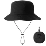 Chapeau de pluie bob femme noir, bord 6 mm, taille E 27, avec cordon de maintien et étui de rangement élégant.