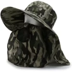 Chapeau de pluie camouflage au design militaire avec protection faciale, parfait pour la pêche et les activités extérieures.