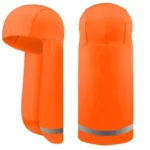 Vêtement pluie orange vif avec capuche, protection nuque anti-UV, bande réfléchissante, idéal pêcheurs et travailleurs chantier.