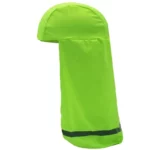 Sous-casquette pluie vert fluo avec protection nuque anti-UV, idéale pour pêcheurs et ouvriers, visibilité optimale sous la pluie.