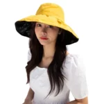 Chapeau de pluie jaune à large bord pour femme, taille E27, imperméable et anti-UV, parfait pour style et protection au quotidien.