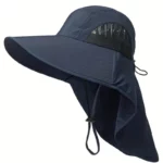 Casquette-parapluie bob anti-UV imperméable marine avec protège-nuque, élastique ajustable et ventilation latérale en mesh.