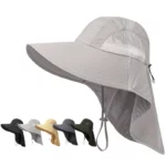 Casquette parapluie bob imperméable anti-UV avec protège-nuque, élastique ajustable et aérations, idéale pour activités extérieures.