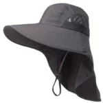 Casquette parapluie imperméable gris foncé, anti-UV, avec aération latérale, protège-nuque et élastique pour un maintien optimal.