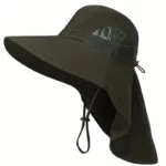 Chapeau parapluie bob imperméable anti-UV avec protège-nuque, élastique réglable et aérations latérales pour confort optimal.