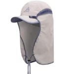 Casquette de pluie souple beige et bleu anti-UV avec couvre-nuque, rabat oreille et visière, idéale contre pluie et soleil.