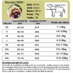 Tableau des tailles pour chien avec mesures buste, dos, poids et photo du chien Tintin, guide pour combinaison imperméable intégrale.