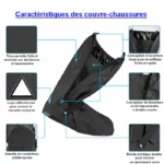 Couvre-chaussures moto imperméables en toile Oxford, fermeture éclair étanche, semelle antidérapante, logo réfléchissant sécurité nocturne.