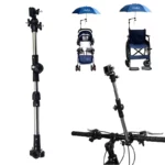 Support parapluie adaptable pour vélo, poussette et fauteuil roulant, solution pratique pour rester au sec par temps de pluie.
