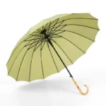 Parapluie canne vert olive élégant avec poignée en bambou courbée, design raffiné, idéal contre la pluie et intempéries.