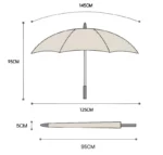 Grand parapluie chic avec dimensions : diamètre 145 cm, hauteur 95 cm, longueur 125 cm ouvert et 95 cm fermé. Élégance et qualité.