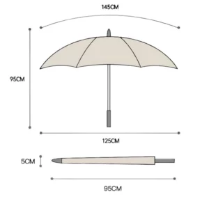 Grand parapluie chic avec dimensions : diamètre 145 cm, hauteur 95 cm, longueur 125 cm ouvert et 95 cm fermé. Élégance et qualité.