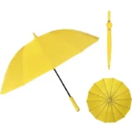 Grand parapluie droit jaune avec poignée noire, design élégant et résistant, parfait pour protéger efficacement contre la pluie.