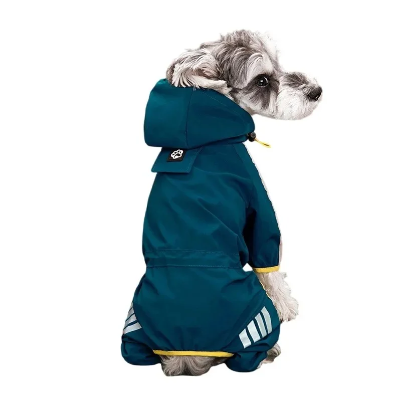 Chihuahua en imperméable bleu canard avec manches longues, capuche et réflecteurs sur les pattes pour protection contre la pluie.