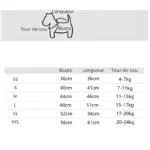 Tableau des tailles imperméable chien avec col et visière intégrés, guide mesures buste, longueur, cou, poids XS à XXL.