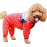 Chien portant une combinaison imperméable rouge intégrale avec capuche visière, protection pluie pratique et stylée pour animaux.