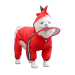 Petit chien blanc portant un imperméable dinosaure rouge avec capuche verte, idéal pour la pluie. Style mignon et fonctionnel.