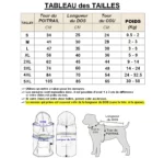 Tableau des tailles imperméables colorés pour chiens : mesures du poitrail, dos, cou et poids. Guide pour choisir la taille idéale.