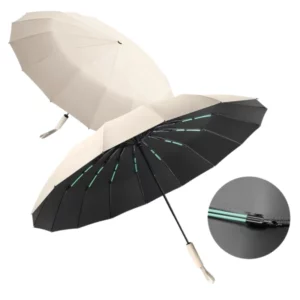 Parapluie pliant beige à baleines doubles, élégant et moderne, gros plan du mécanisme de la tige, collection exclusive.