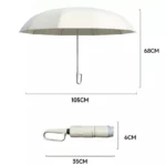 Parapluie de chasse robuste crème, 105 cm d'envergure, 68 cm de hauteur, plié à 35 cm, idéal pour protection et transport facile.