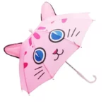 Parapluie enfant 3D chat rose avec oreilles et visage amusant, design ludique pour protéger les petits des jours de pluie.