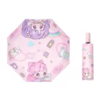 Parapluie enfant automatique rose motifs kawaii avec personnages mignons et accessoires assortis, parfait pour style et pluie.