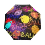 Parapluie enfant pliant motif sport coloré avec ballons de basketball, football et baseball sur fond noir éclaboussé de couleurs vives