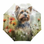 Parapluie enfant chihuahua multicolore, design artistique avec chien, fleurs et papillons, modèle automatique unique.