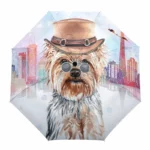 Parapluie enfant chihuahua multicolore avec chien stylé en chapeau et lunettes de soleil sur fond de skyline vive et originale.