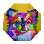 Parapluie enfant automatique multicolore avec chihuahua stylisé sur fond jaune, accessoire fun et pratique pour les jours pluvieux.