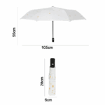 Parapluie enfant pliant automatique, motifs blancs et dorés, compact et élégant, dimensions 105 cm ouvert, 28 cm replié.