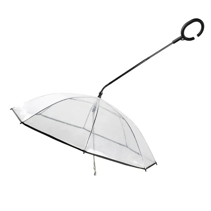 Parapluie transparent pour chien, poignée en C noire, bordure noire élégante, alliant protection et confort lors des promenades.