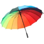 Parapluie femme multicolore avec un dégradé bleu, vert, jaune, orange et rouge, élégant et pratique pour illuminer les jours de pluie