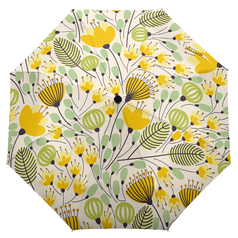 Parapluie automatique jaune et vert avec motif floral, fleurs lumineuses et feuillage vibrant, idéal pour un look printanier unique.