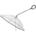 Parapluie transparent pour chien avec poignée C noire intégrée et laisse, protection élégante et pratique par temps de pluie.