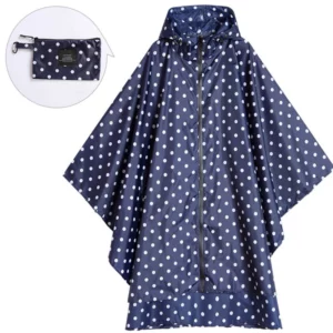 Poncho vélo bicolore imperméable bleu marine à pois blancs, capuche et zip, pliable et pratique, idéal pour la pluie et le style.