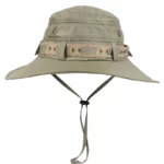 Chapeau de brousse mixte E27 imperméable anti-UV, beige avec visière large, parfait pour activités extérieures sous la pluie.