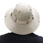 Chapeau de brousse unisexe taille E27 beige, large bord, imperméable et anti-UV, idéal pour protection pluie et soleil.