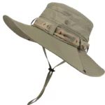 Chapeau de brousse imperméable anti-UV beige unisexe avec large voile et bande colorée, parfait contre pluie et soleil.