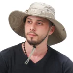 Chapeau de brousse beige unisexe, large bord, anti-UV, imperméable, taille E27, idéal pour protection solaire et look décontracté.