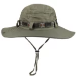 Chapeau de brousse olive unisexe E27, léger, imperméable et anti-UV, parfait pour activités extérieures, pluie ou soleil.