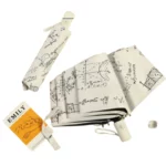 Parapluie pliant beige automatique avec motifs mathématiques (équations, graphiques), protection anti-UV. Étiquette EMILY.