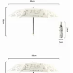 Parapluie pliant beige anti-UV avec motifs graphiques, automatique, 96 cm ouvert, housse compacte incluse pour transport.