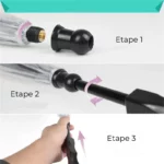 Parapluie chien transparent avec liseré noir et poignée noire incluant une laisse intégrée, idéal pour promenades sous la pluie.