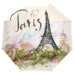 Parapluie pliant manuel 4 saisons avec illustration Tour Eiffel et Paris, élégance et charme en tons pastel raffinés.