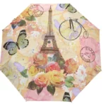 Parapluie pliant manuel Paris, décoré de la Tour Eiffel, fleurs, papillons et vélo, style élégant 4 saisons pour toutes météos