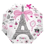 Parapluie pliant manuel Paris, décor tour Eiffel, nœud rose et motifs chic. Accessoire 4 saisons au style parisien élégant.